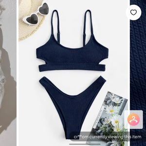 ZAFUL Ribbed Cut Out High Cut Bikini - Deep Blue M